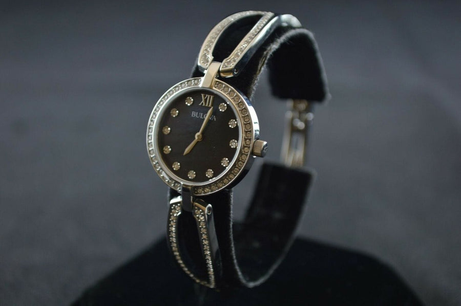 Bulova Crystal Black Mother of Pearl Dial Silver Steel Strap Watch for Women - 96L224
