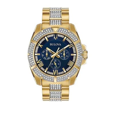 Bulova Crystal Collection Blue Dial Gold Steel Strap Watch for Men - 98C128