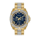 Bulova Crystal Collection Blue Dial Gold Steel Strap Watch for Men - 98C128