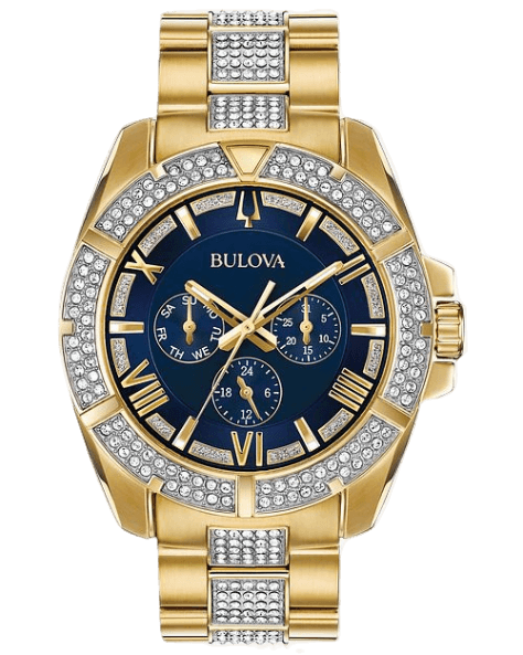 Bulova Crystal Collection Blue Dial Gold Steel Strap Watch for Men - 98C128