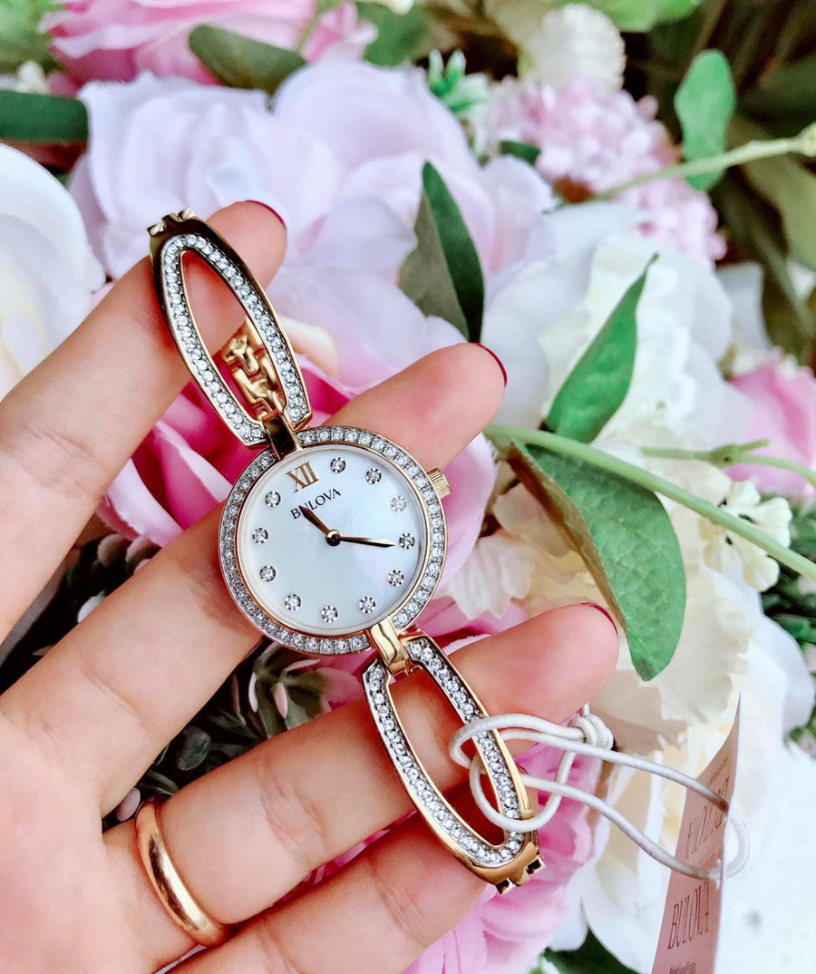 Bulova Crystal Collection Mother of Pearl Dial Gold Steel Strap Watch for Women - 98L225