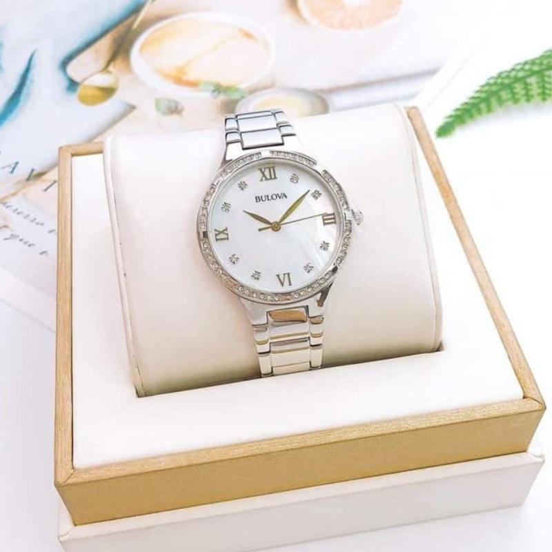 Bulova Crystal Collection Mother of Pearl Dial Silver Steel Strap Watch for Women - 96L263