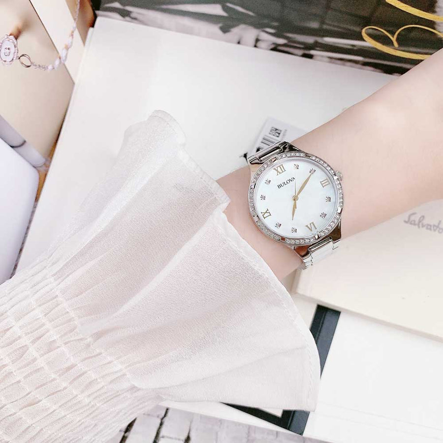 Bulova Crystal Collection Mother of Pearl Dial Silver Steel Strap Watch for Women - 96L263