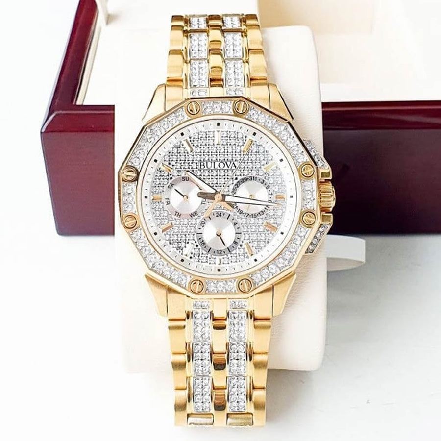 Bulova Crystal Collection Octova White Dial Gold Steel Strap Watch for Men - 98C126
