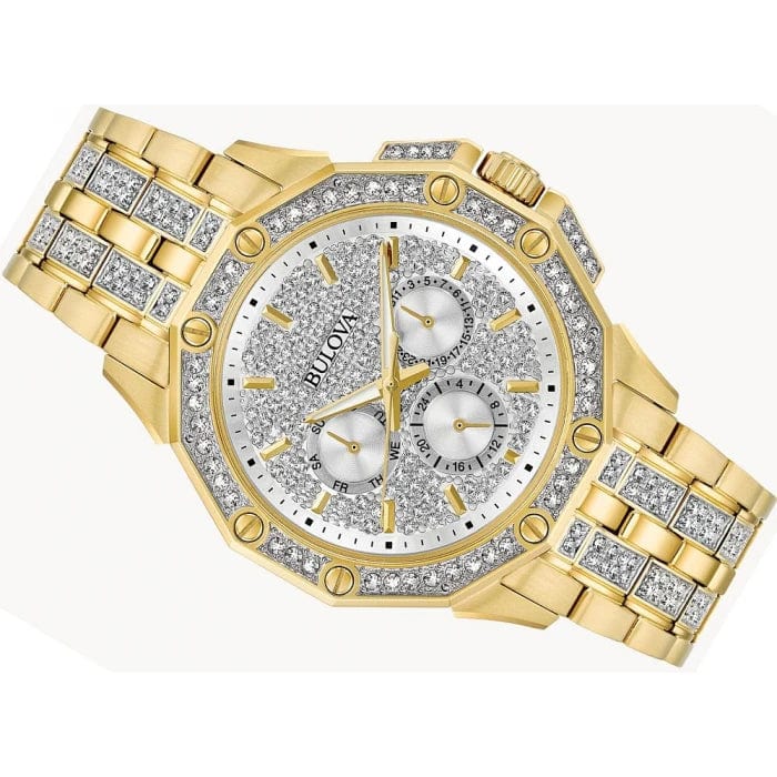 Bulova Crystal Collection Octova White Dial Gold Steel Strap Watch for Men - 98C126