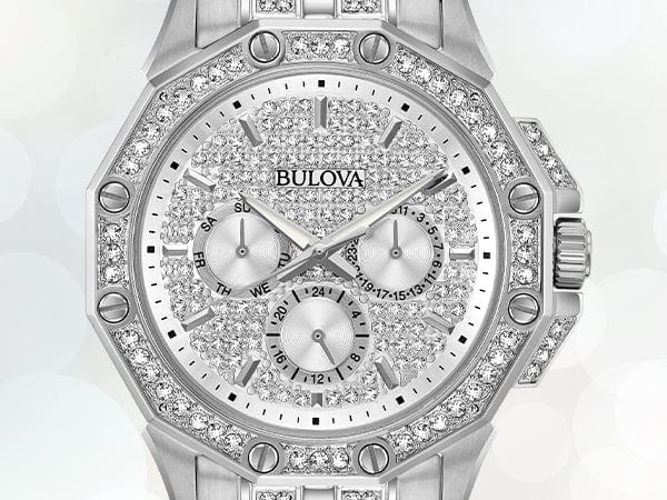 Bulova Crystal Collection Pave Silver Dial with Crystals Silver Steel Strap Watch for Men - 96C134