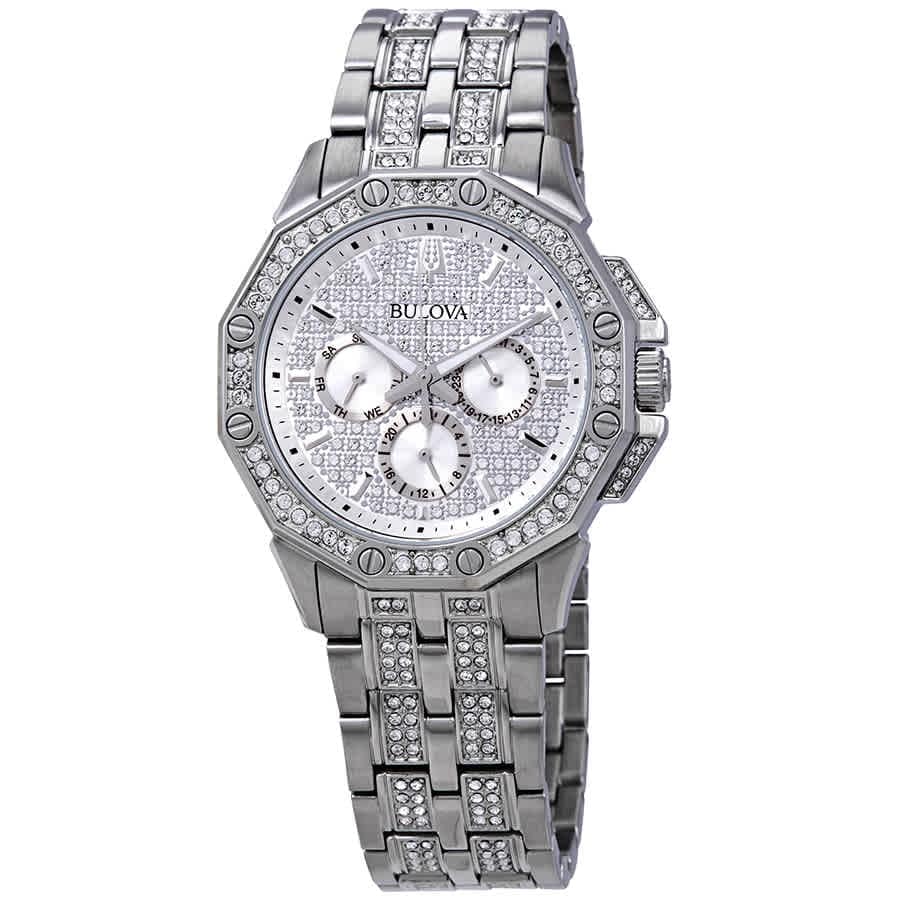 Bulova Crystal Collection Pave Silver Dial with Crystals Silver Steel Strap Watch for Men - 96C134