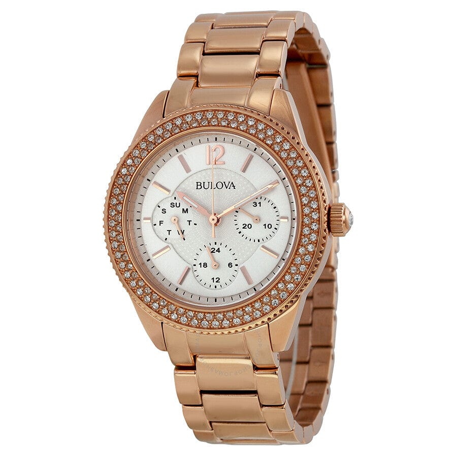 Bulova Crystal Silver Dial Rose Gold Steel Strap Watch for Women - 97N101