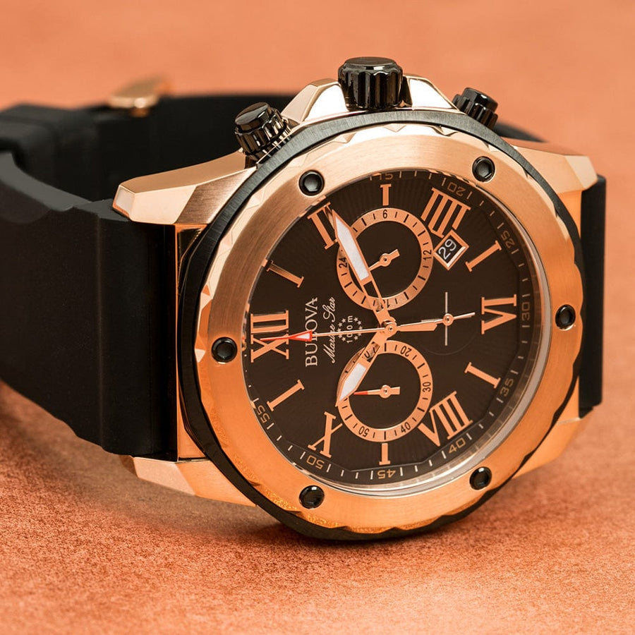 Bulova Marine Star Chronograph Black Dial Black Rubber Strap Watch for Men - 98B104