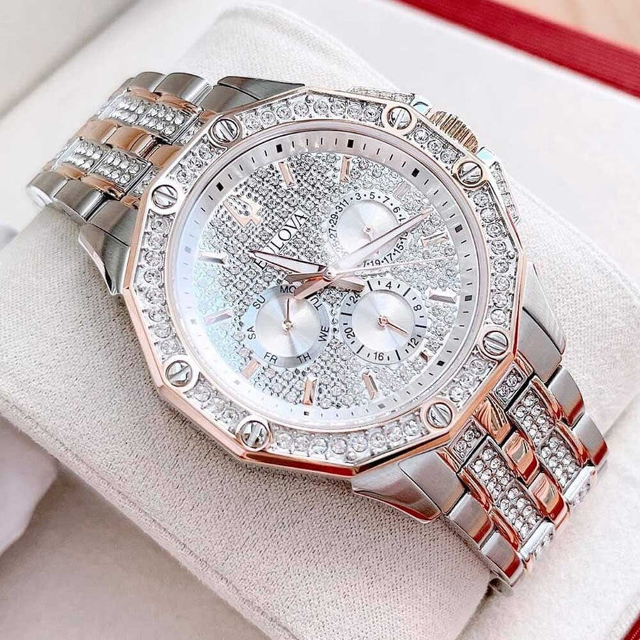 Bulova Octova Crystal Silver Dial Two Tone Steel Strap Watch for Men - 98C133
