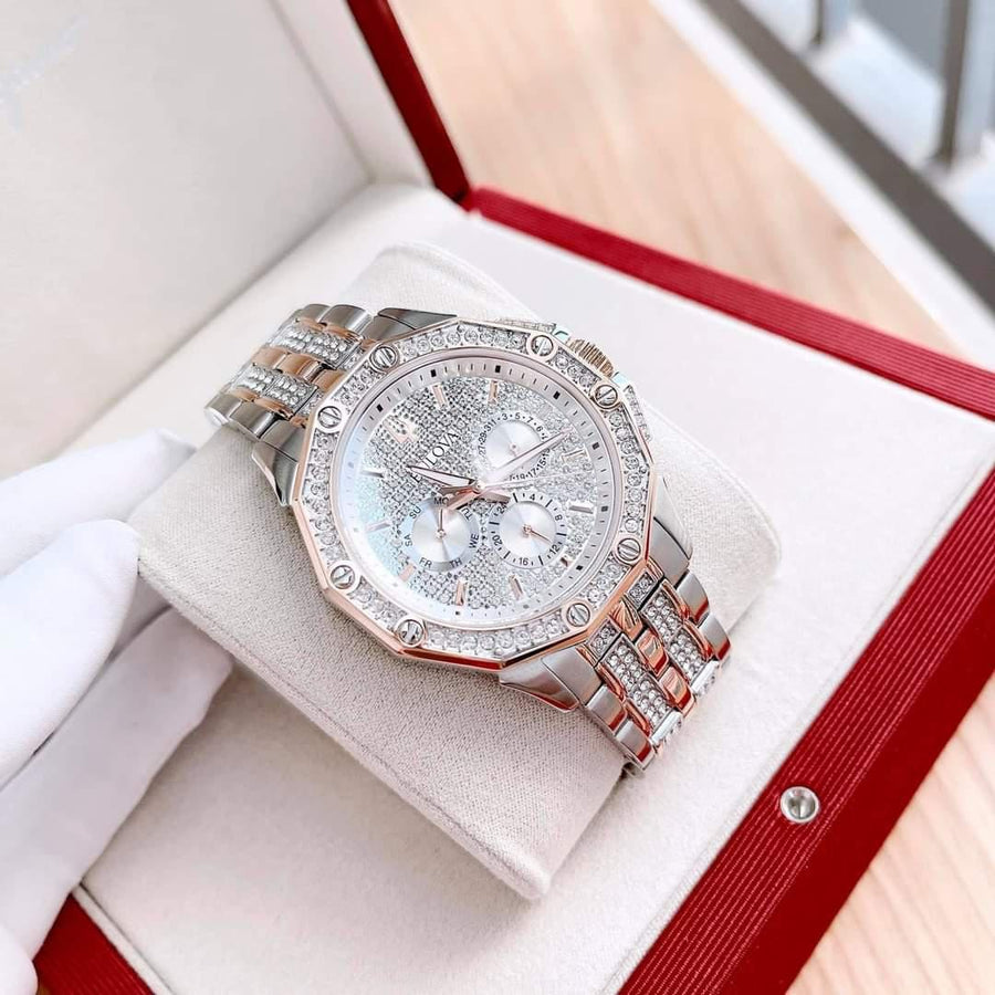 Bulova Octova Crystal Silver Dial Two Tone Steel Strap Watch for Men - 98C133