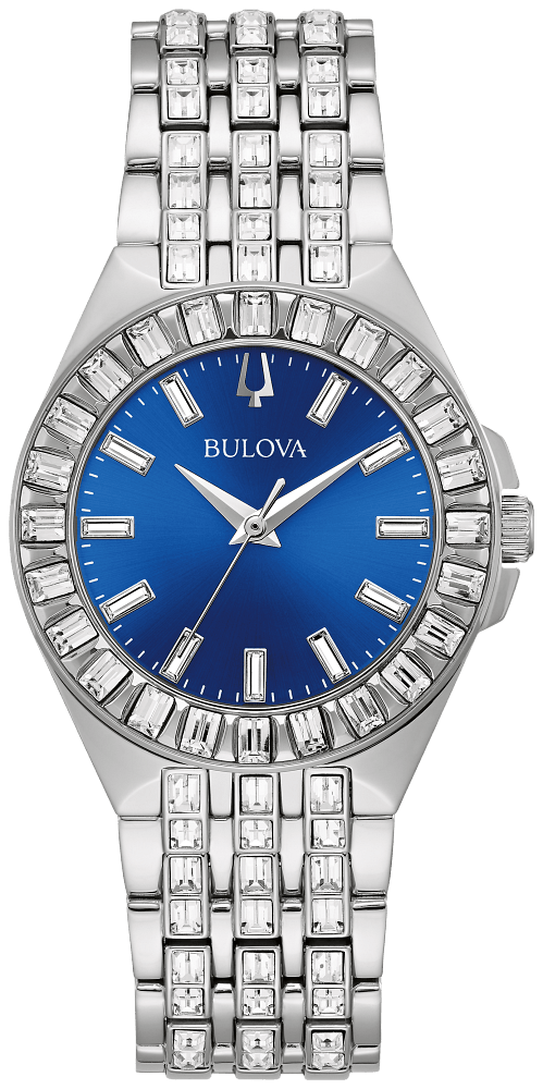 Bulova Phantom Baguette Crystal Blue Dial Silver Steel Strap Watch for Men - 96A254
