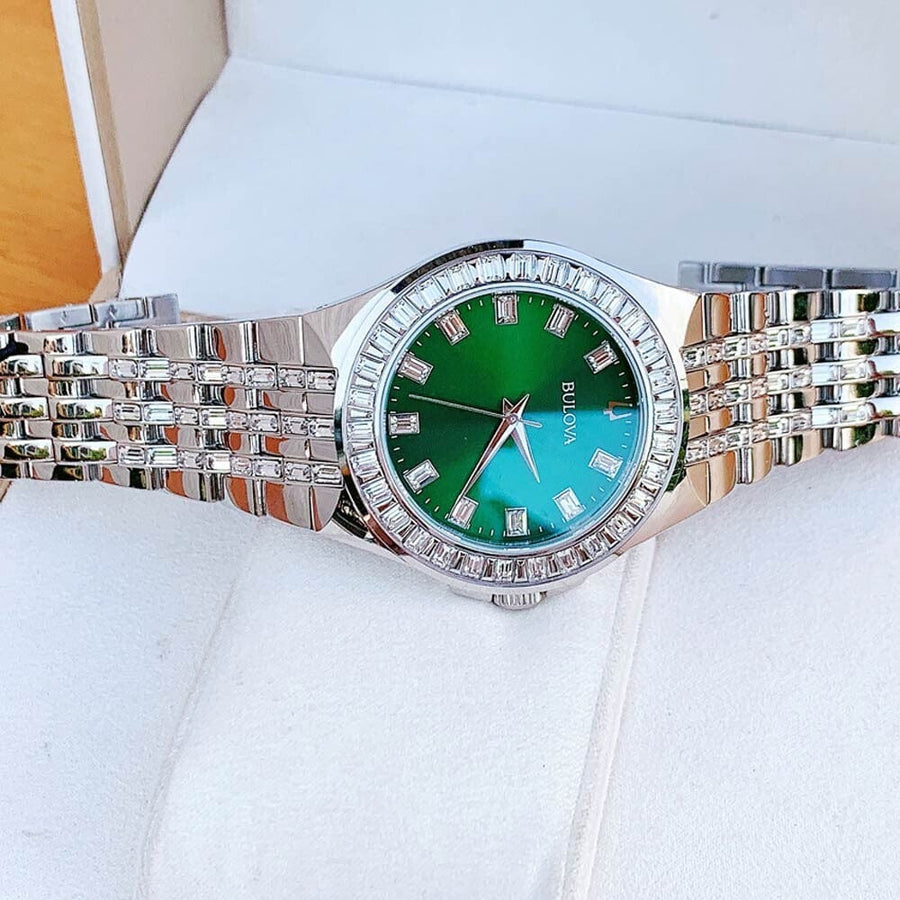 Bulova Phantom Classic Baguette Green Dial Silver Steel Strap Watch for Men - 96A253