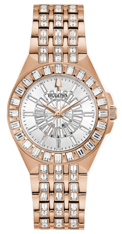 Bulova Phantom White Dial with Swarovski Baguettes Rose Gold Steel Strap Watch for Women - 98L268
