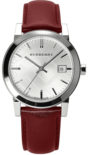 Burberry The City Silver Dial Red Leather Strap Watch for Women - BU9129