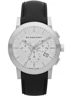 Burberry The City Chronograph White Dial Black Leather Strap Watch for Men - BU9355