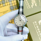 Burberry Classic Stone Silver Dial Horseberry Black Leather Strap Watch for Women - BU10103