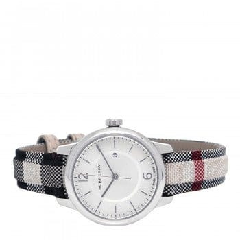 Burberry Classic Stone Silver Dial Horseberry Black Leather Strap Watch for Women - BU10103