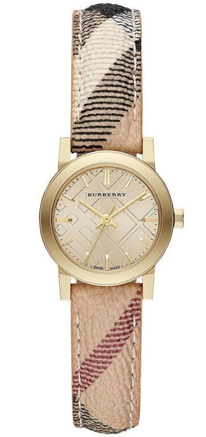 Burberry The City Gold Dial Haymarket Brown Leather Strap Watch for Women - BU9219