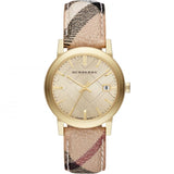 Burberry The City Gold Dial Haymarket Brown Leather Strap Watch for Women - BU9219