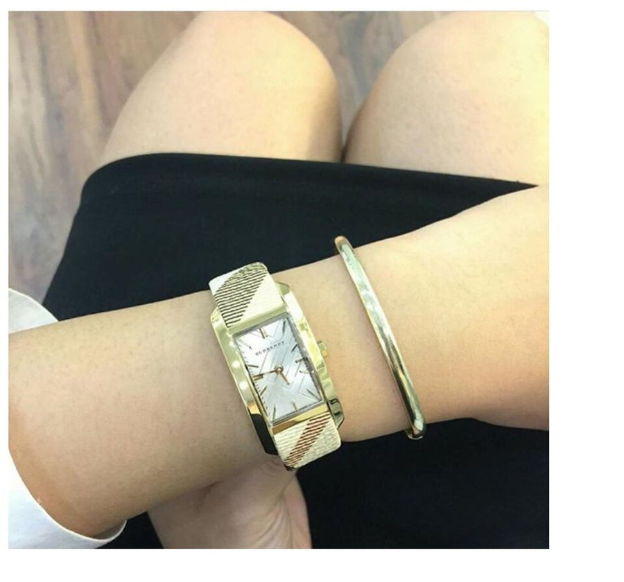 Burberry Pioneer Gold Dial Haymarket Beige Leather Strap Watch for Women - BU9509