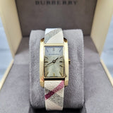 Burberry Pioneer Gold Dial Haymarket Beige Leather Strap Watch for Women - BU9509