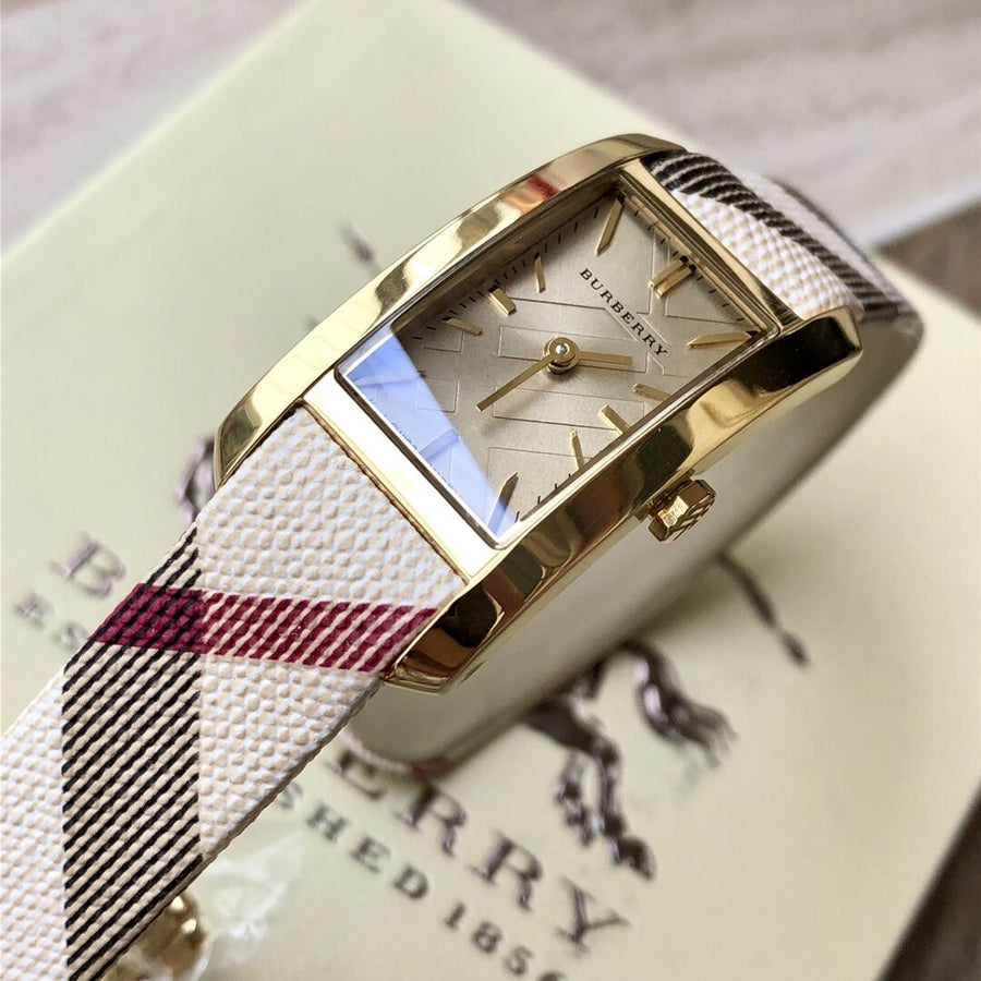 Burberry Pioneer Gold Dial Haymarket Beige Leather Strap Watch for Women - BU9509