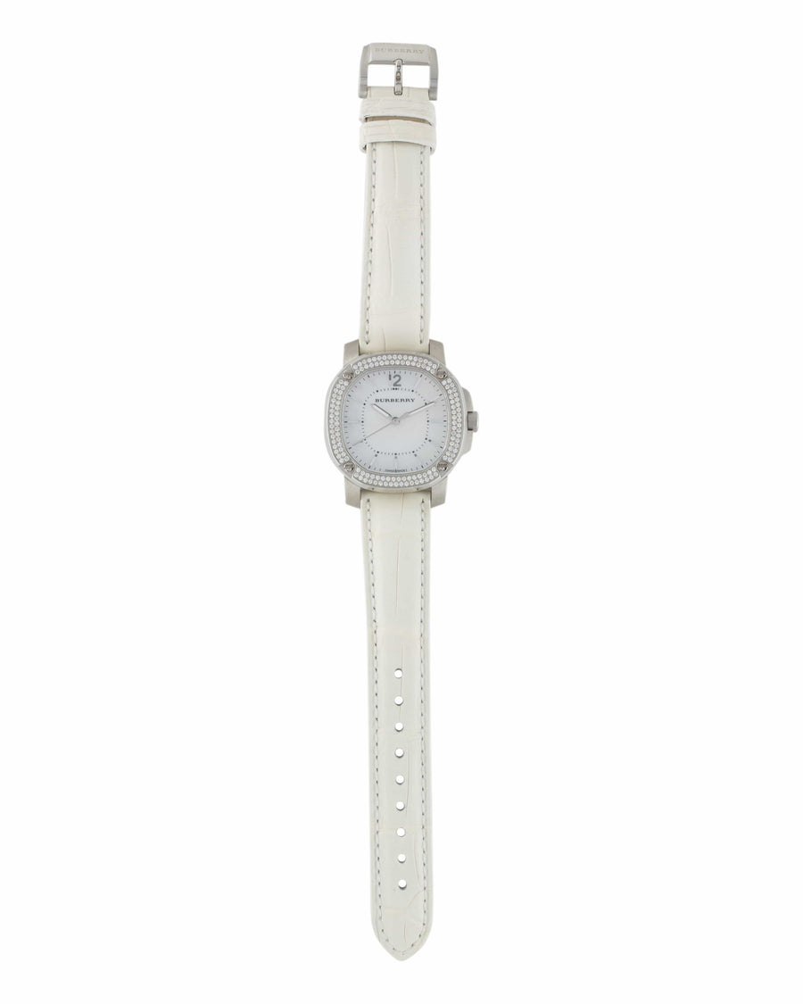 Burberry The Britain Diamonds Mother of Pearl Dial White Leather Strap Watch for Women - BBY1800