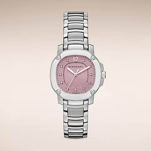 Burberry The Britain Diamonds Pink Dial Silver Steel Strap Watch for Women - BBY1805