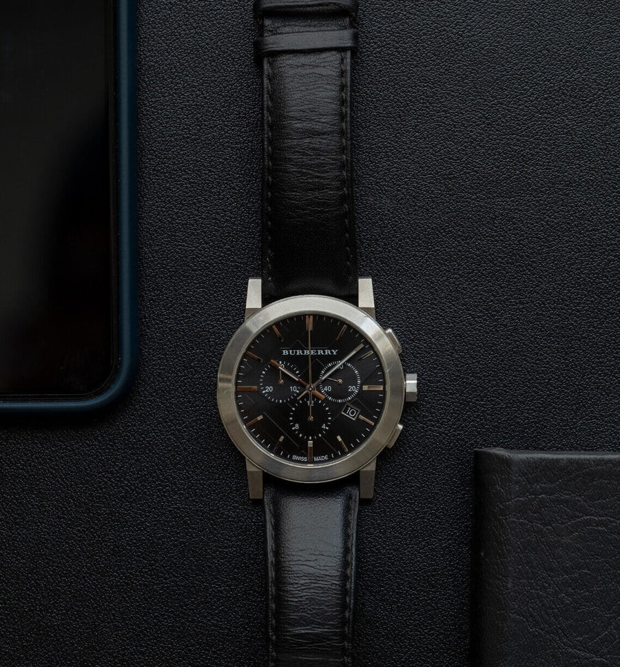 Burberry The City Chronograph Black Dial Black Leather Strap Watch for Men - BU9356