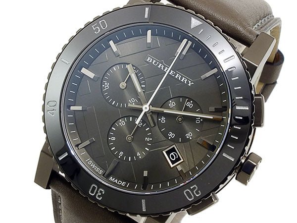 Burberry The City Chronograph Ion Plated Grey Dial Grey Leather Strap Watch for Men - BU9384