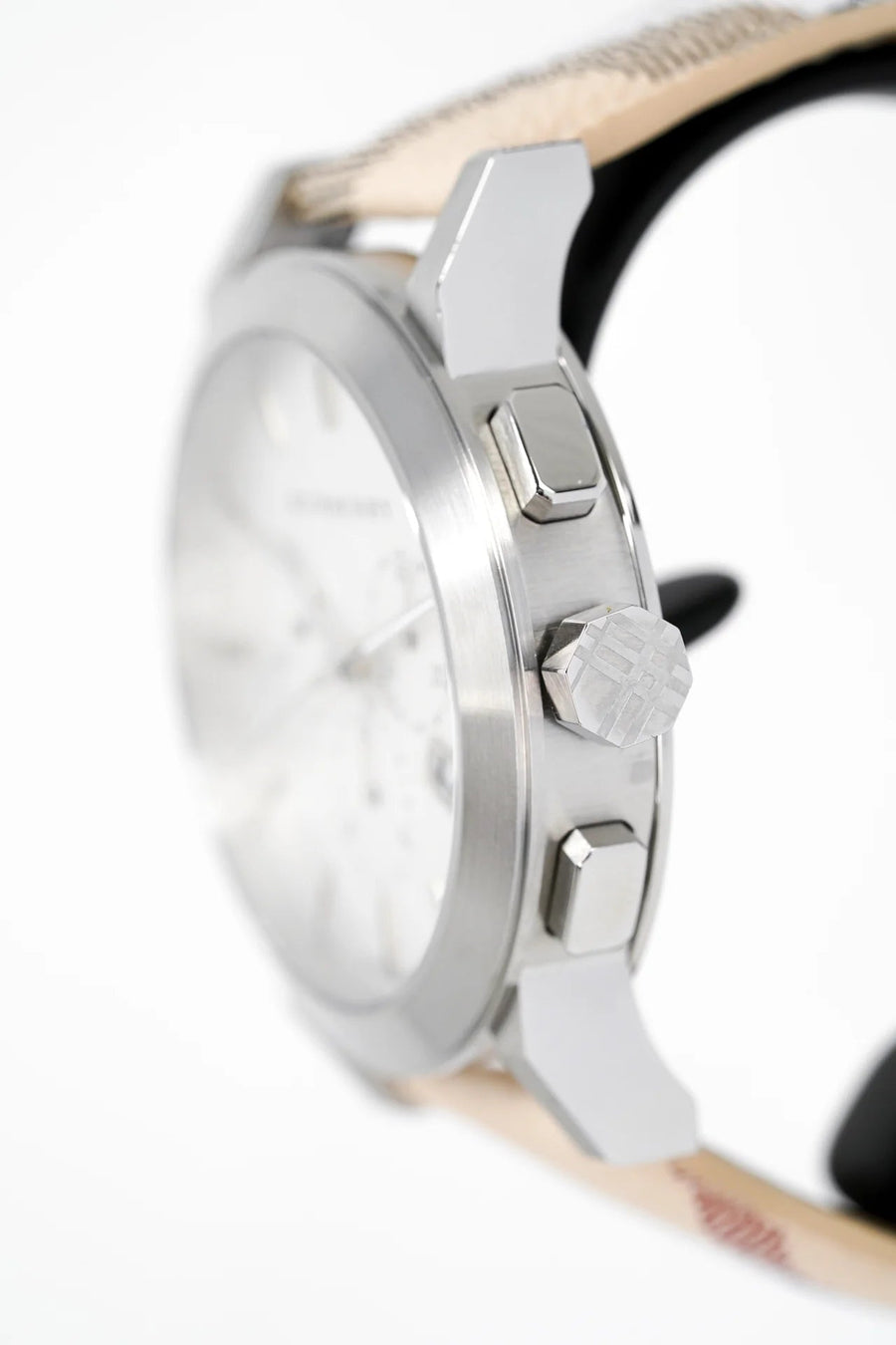 Burberry The City Chronograph White Dial Haymarket Leather Strap Watch For Men - BU9360