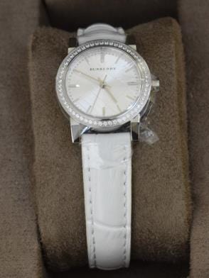 Burberry The City Diamonds Silver Dial White Leather Strap Watch for Women - BU9221