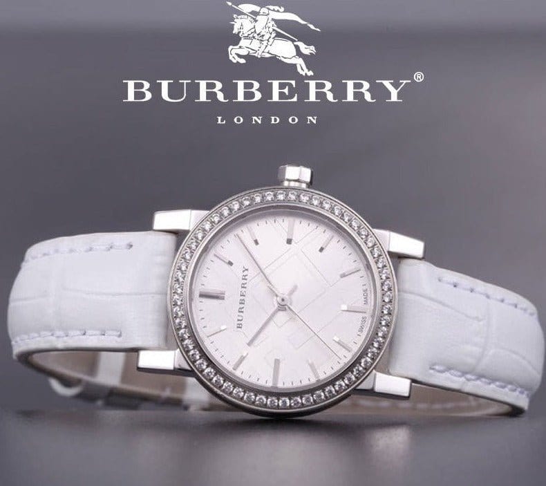 Burberry The City Diamonds Silver Dial White Leather Strap Watch for Women - BU9221