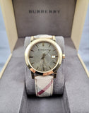 Burberry The City Gold Dial Haymarket Brown Leather Strap Watch for Women - BU9026