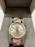 Burberry The City Gold Dial Haymarket Brown Leather Strap Watch for Women - BU9026
