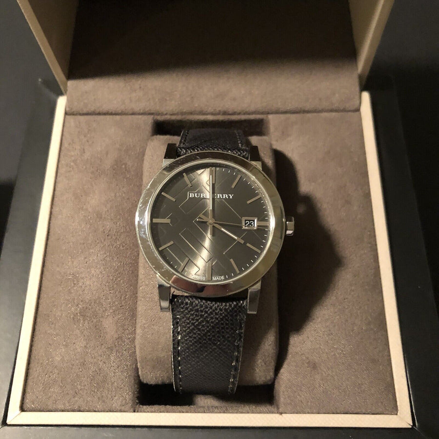 Burberry The City Grey Dial Black Leather Strap Watch for Men - BU9030