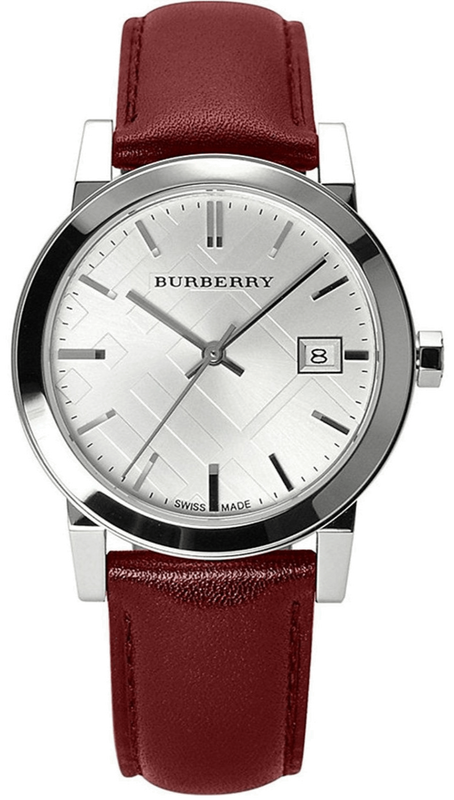 Burberry The City Silver Dial Red Leather Strap Watch for Women - BU9129