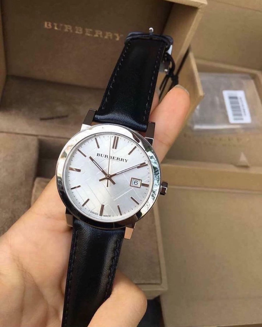 Burberry The City White Dial Black Leather Strap Watch for Men - BU9008