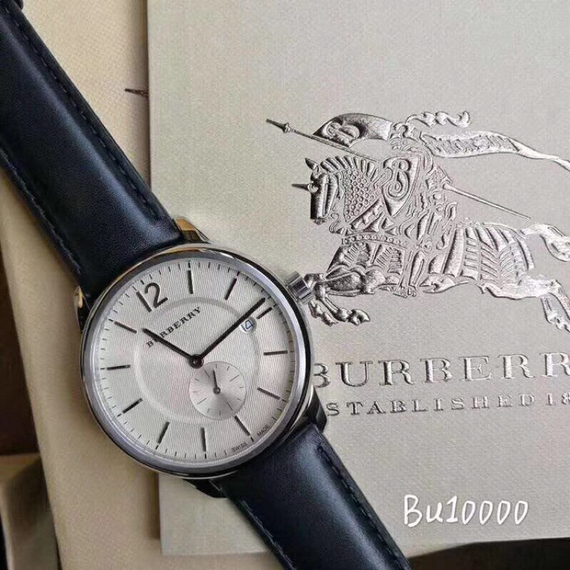 Burberry The Classic Horseferry Beige Dial Black Leather Strap Watch for Men - BU10000