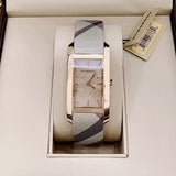 Burberry The Pioneer Rose Gold Dial Haymarket Brown Leather Strap Watch for Women - BU9408