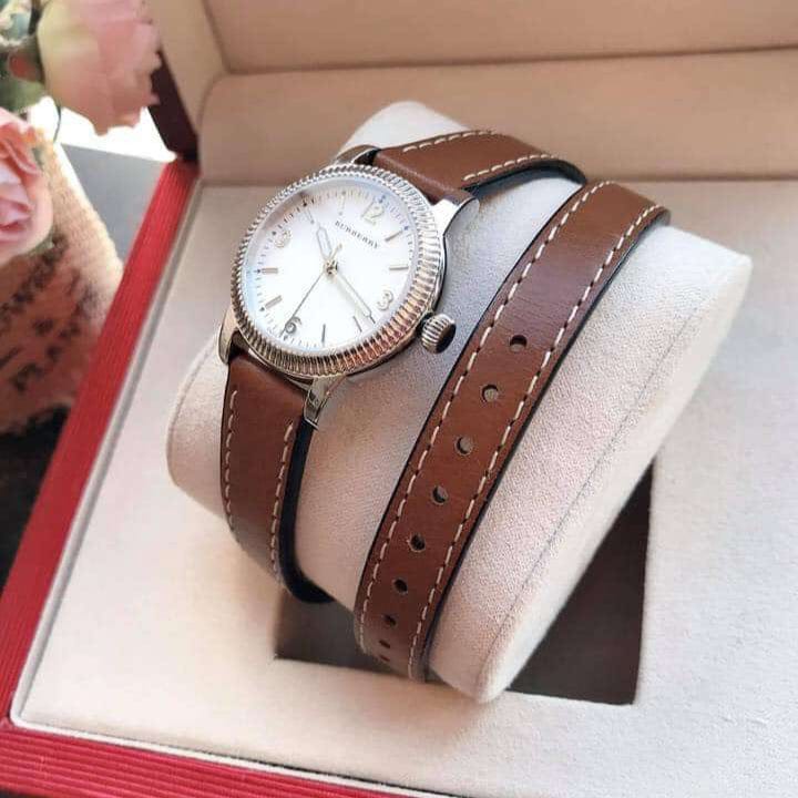 Burberry Utilitarian White Dial Brown Leather Strap Watch for Women - BU7848