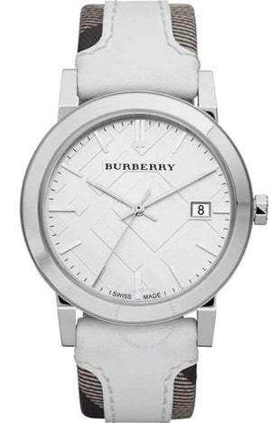 Burberry The City Silver Dial White Leather Strap Watch for Women - BU9019