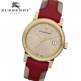 Burberry Heritage Nova Gold Dial Haymarket Red Leather Strap Watch for Women - BU9111