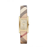 Burberry Pioneer Gold Dial Haymarket Beige Leather Strap Watch for Women - BU9509