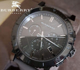 Burberry The City Chronograph Ion Plated Grey Dial Grey Leather Strap Watch for Men - BU9384