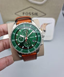 Fossil Dillinger Luggage Chronograph Green Dial Brown Leather Strap Watch for Men - FS5734