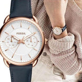 Fossil Tailor White Dial Blue Leather Strap Watch for Women - ES4260