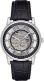 Emporio Armani Luigi Silver Skeleton Dial Black Leather Strap Watch For Men - AR1981