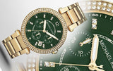 Michael Kors Parker Chronograph Green Dial Gold Steel Strap Watch for Women - MK6263